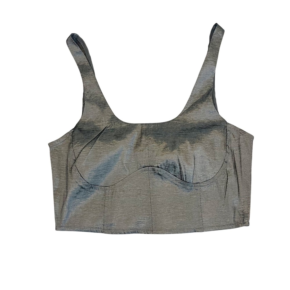 House of Harlow 1960 Metallic Gray Smocked Bustier Crop Top Women Size Medium